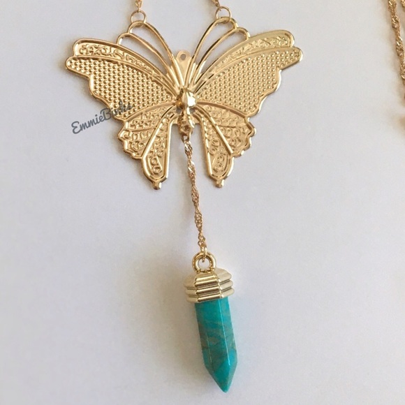 💥3for$28  New Golden Butterfly & Turquoise Marbled Crystal Charm Necklace - Picture 5 of 14